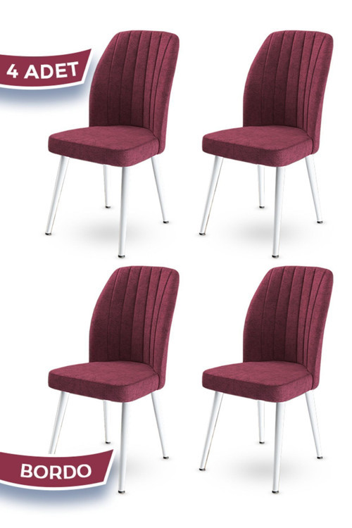 Concept Platinum Serisi Üst Kalite Mutfak Sandalyesi 4 Adet Bordo Sandalye Metal Beyaz Iskeletli