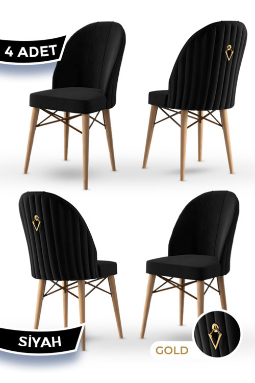 Concept Ritim Serisi, 1.Sınıf Babyface Kumaş Doğal Ahşap Ayak Gold Halkalı 4 Adet Siyah Sandalye