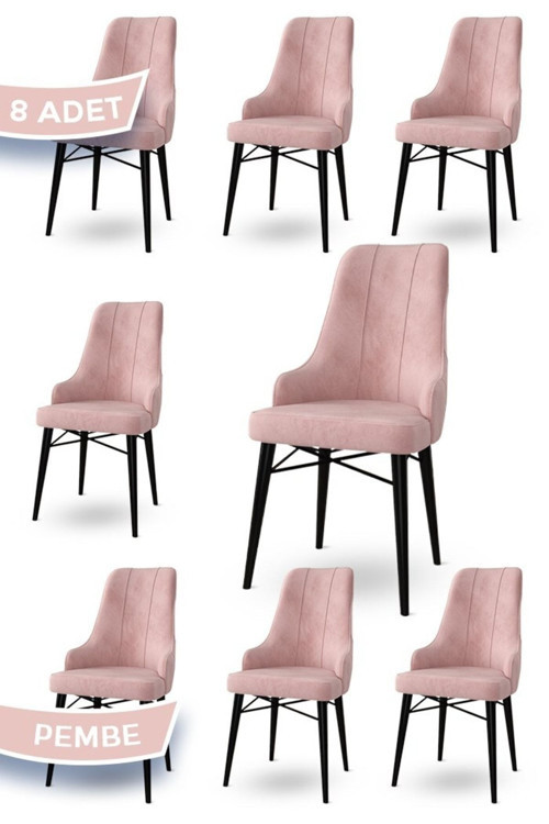 Concept Neta Serisi, 1.Sınıf Babyface Kumaş , Siyah Gürgen Ayak, 8 Adet Pembe Mutfak Sandalye