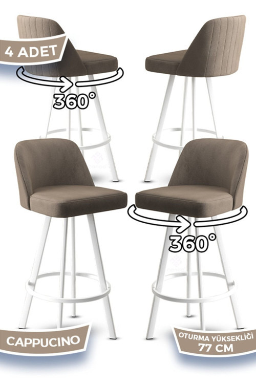 Concept Atex Serisi 4 Adet Cappucino Sandalye 360°C Döner Bar Sandalyesi Babyface Kumaş Beyaz Metal Ayak