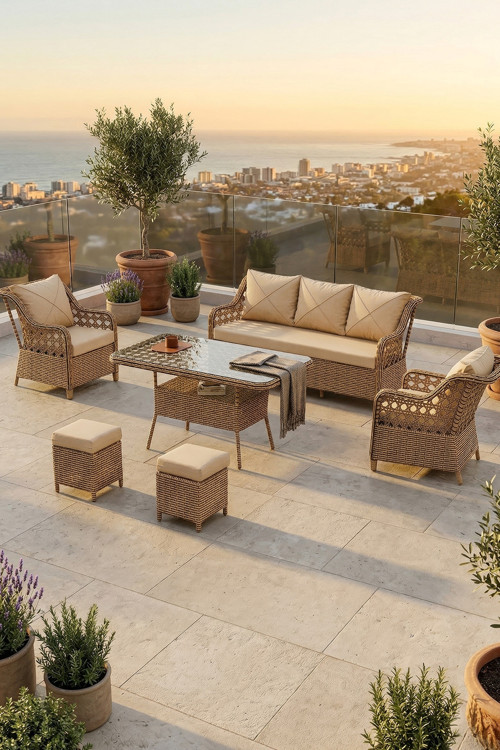 Anemon Serisi 3+1+1+2 Puf Cappucino Rattan Cappucino Minder Bahçe Balkon Oturma Koltuk Takımı