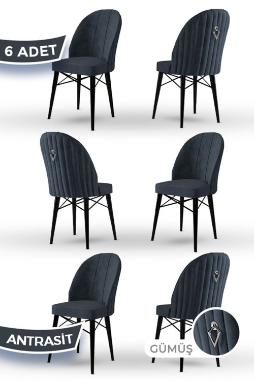 Concept Ritim Serisi 1.Sınıf Babyface Kumaş 6 Adet Antrasit Sandalye Siyah Gürgen Ayak Gümüş Halkalı