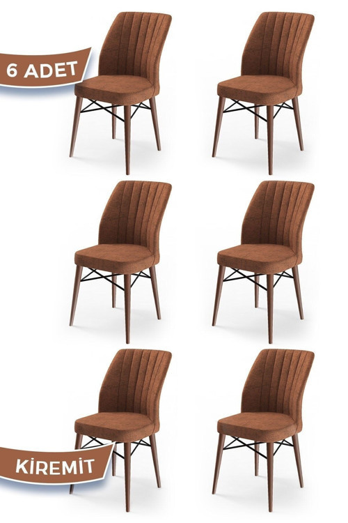 Concept Flex Serisi, Üst Kalite Yemek Odası Sandalyesi, 6 Adet Kiremit Sandalye, Gürgen Ceviz Ahşap Ayak