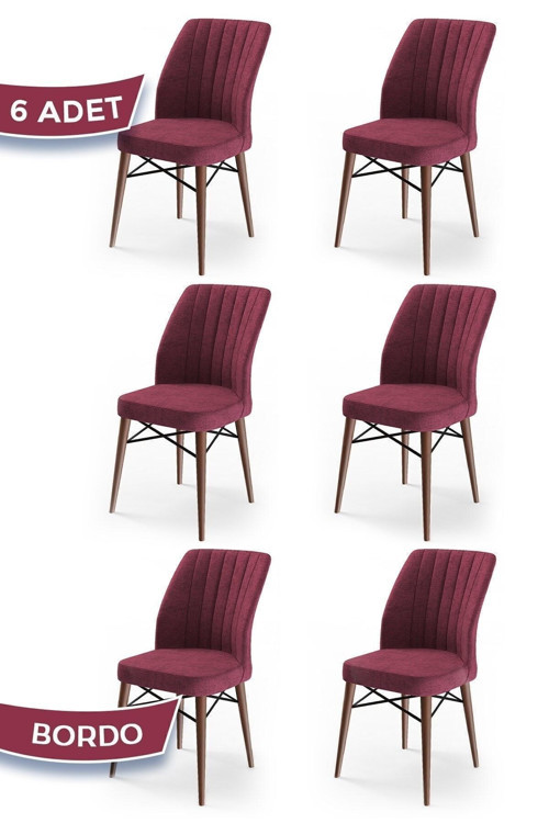 Concept Flex Serisi, Üst Kalite Yemek Odası Sandalyesi, 6 Adet Bordo Sandalye, Gürgen Ceviz Ahşap Ayak