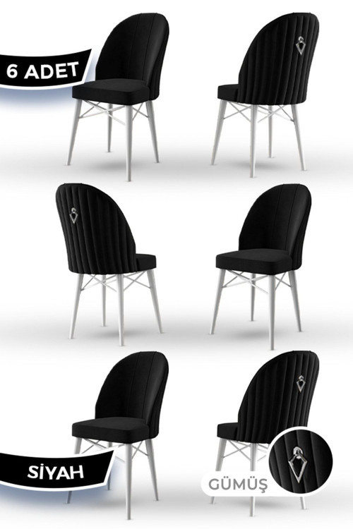 Concept Ritim Serisi 6 Adet Siyah Sandalye 1.Sınıf Babyface Ithal Kumaş Beyaz Gürgen Ayak Gümüş Halkalı