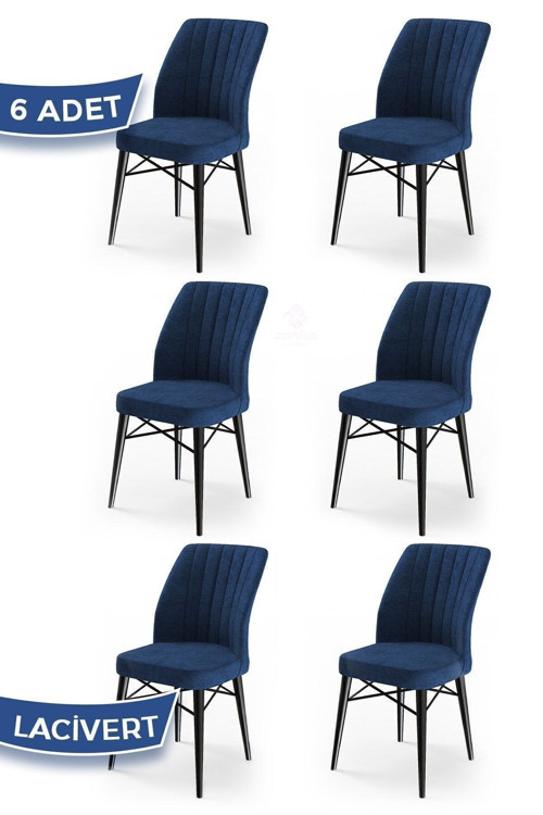 Concept Flex Serisi Üst Kalite Yemek Odası Sandalyesi 6 Adet Lacivert Gürgen Siyah Ahşap Ayak