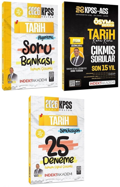 İndeks Akademi 2026 KPSS Tarih Algoritma Soru Bankası + Çıkmış Sorular + 25 Deneme 3 lü Set - Aydın Yüce İndeks Akademi