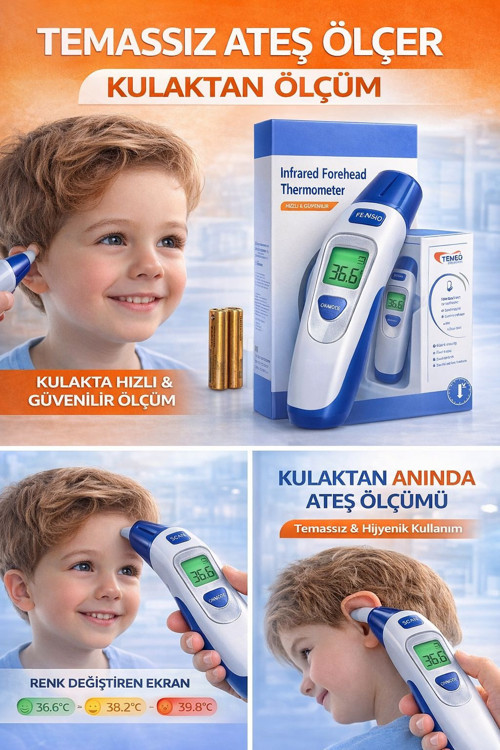 Temazsız Ateş Ölçer Kızılötesi Termometre - Kulak ve Alından ölçüm, Dijital - +Pilli