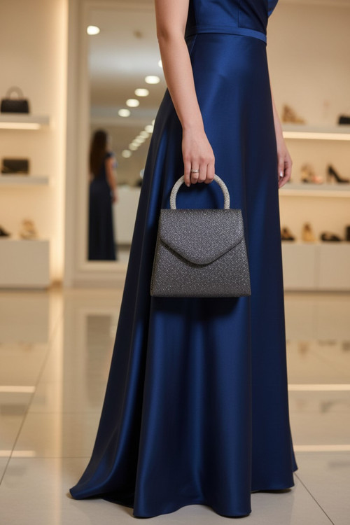 Kadın Saten Dokulu Işıltılı Taşlı Saplı Minimalist Abiye El Çantası