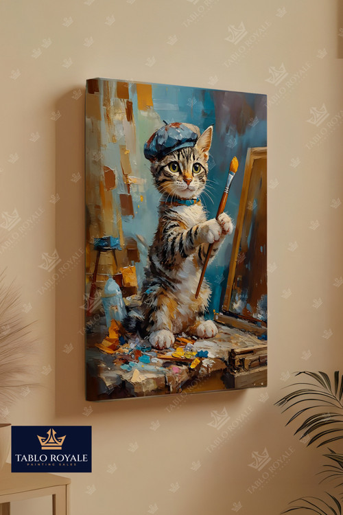 Yağlı Boya Yapan Ressam Kedi Dikey Kanvas Tablo-Salon Tablo