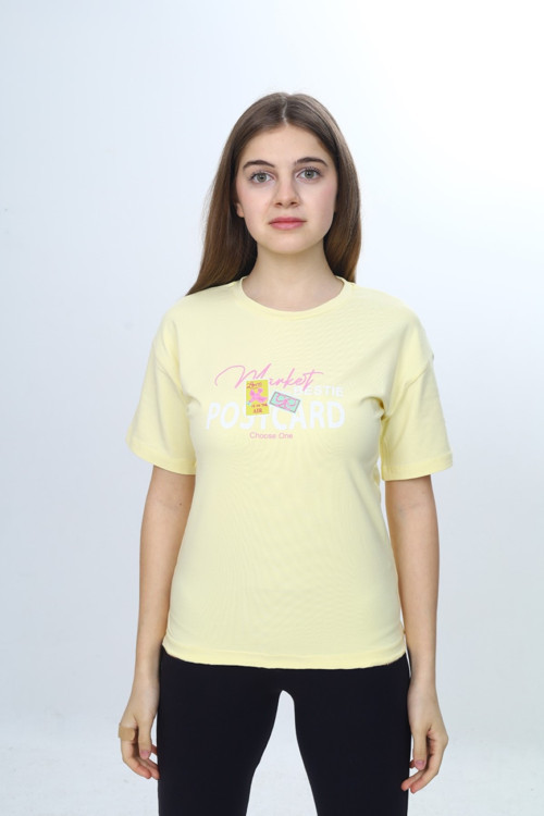 Toontoy Kız Çocuk Bisiklet Yaka Düşük Omuz Kısa Kollu Baskılı Tişört 24971