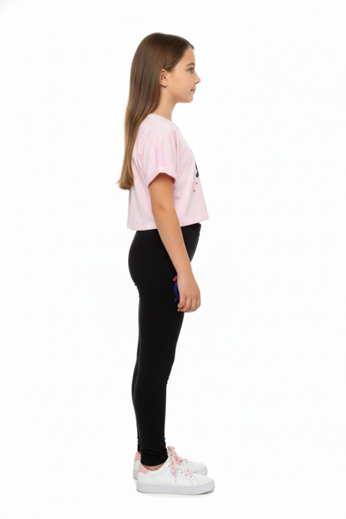 Toontoy Kız Çocuk Bisiklet Yaka Kısa Kollu Baskılı Crop Tişört - Beli Lastikli Basklı Tayt 11050