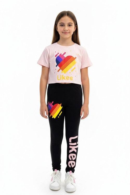 Toontoy Kız Çocuk Bisiklet Yaka Kısa Kollu Baskılı Crop Tişört - Beli Lastikli Basklı Tayt 11050