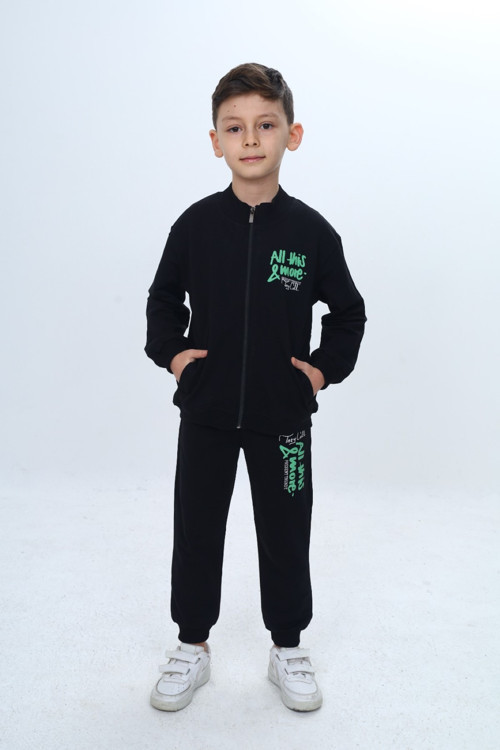 Erkek Çocuk 2'li Takım Baskılı Fermuarlı Cepli Sweatshirt & Beli Paçası Lastikli Cepli Jogger Eşofman Altı - 2 İplik 24965