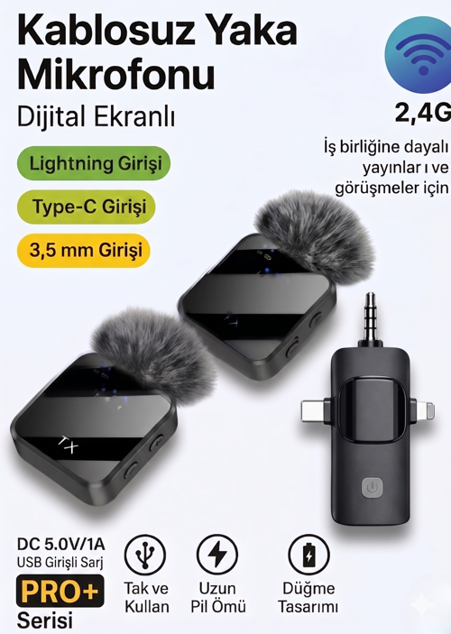 Yüksek Kalite Profesyonel 3 In 1 Kablosuz Taşınabilir Youtuber Yaka Mikrofonu Tüylü Lightning / Type-C Stüdyo Canlı Yayın Vlog