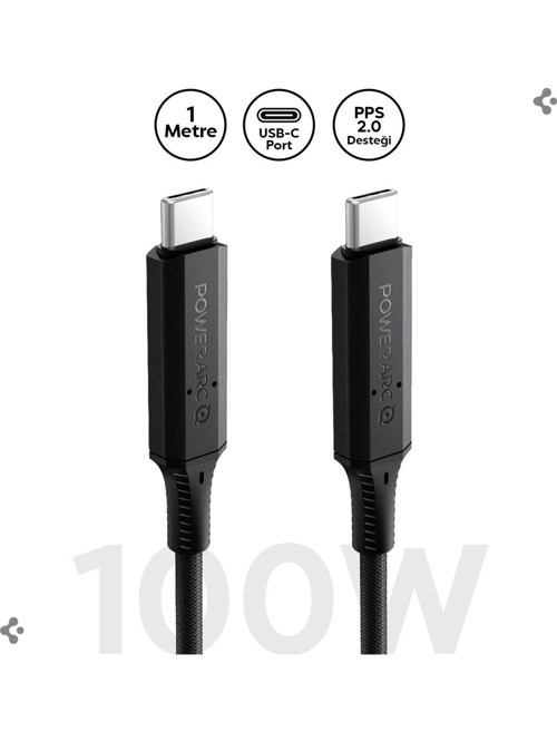USB-C to USB-C 1 Metre E-Mark Çipli Örgü Kablo 100W Güç / PPS 2.0 Super Hızlı Şarj / Data Type-C Ekstra Dayanıklı ArcWire PB1800 Black - 000CB24746