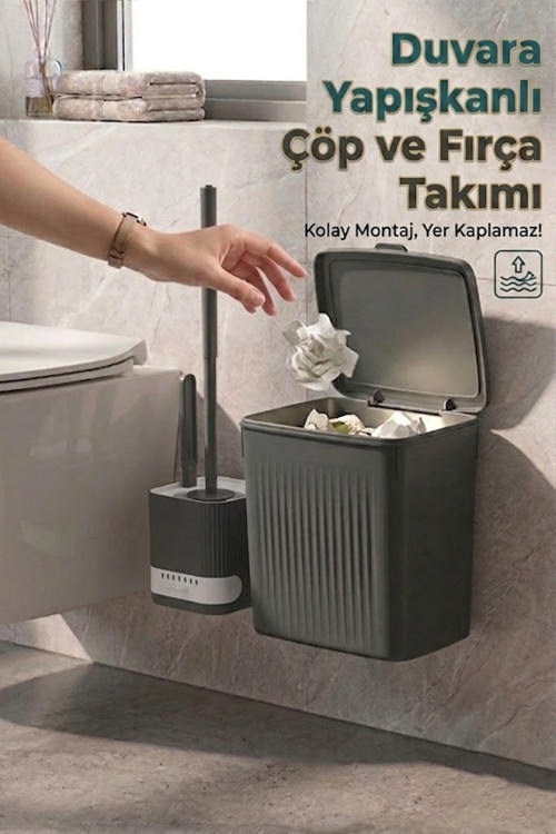 Banyo Çöp Kovası ve Klozet Fırçası Duvara Yapıştırmalı Antrasit Fırça