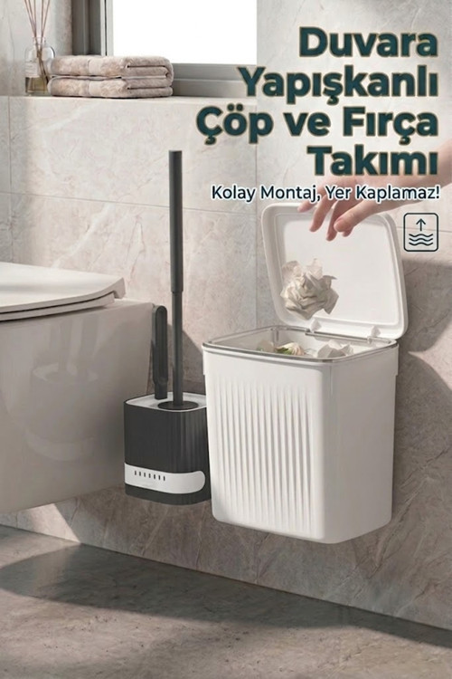 Banyo Çöp Kovası ve Klozet Fırçası Duvara Yapıştırmalı Antrasit Fırça