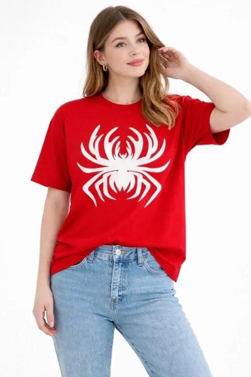 Örümcek Baskılı Tişört Kısa Kollu Bisiklet Yaka T-Shirt - Kırmızı
