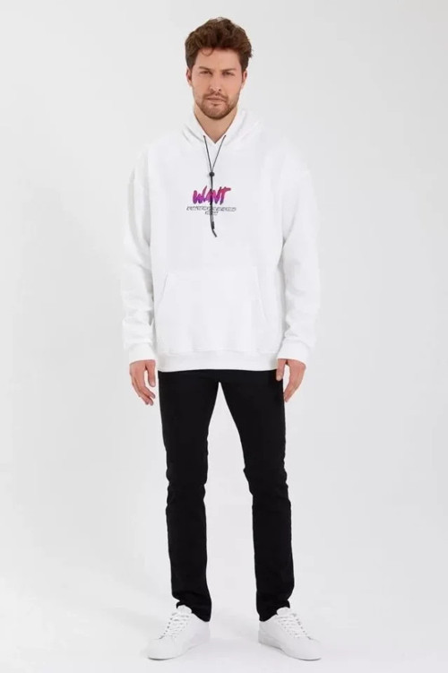Erkek Baskılı Üç İplik Kapüşonlu Oversize Sweatshirt