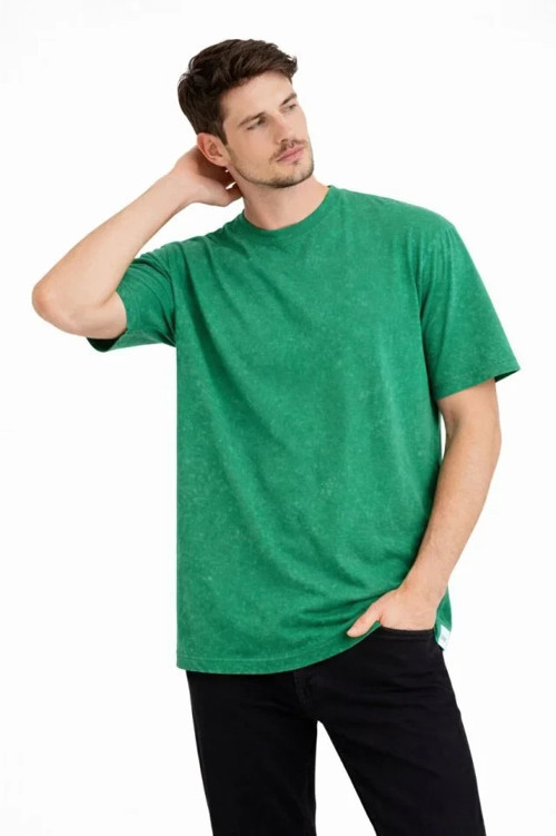 Erkek Asit Yıkama Bisiklet Yaka Kısa Kollu Oversize TShirt Tişört