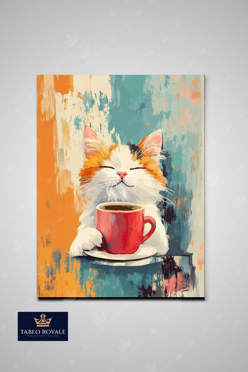 Kahve içen Kedi Dikey Kanvas Tablo-Salon Tablo