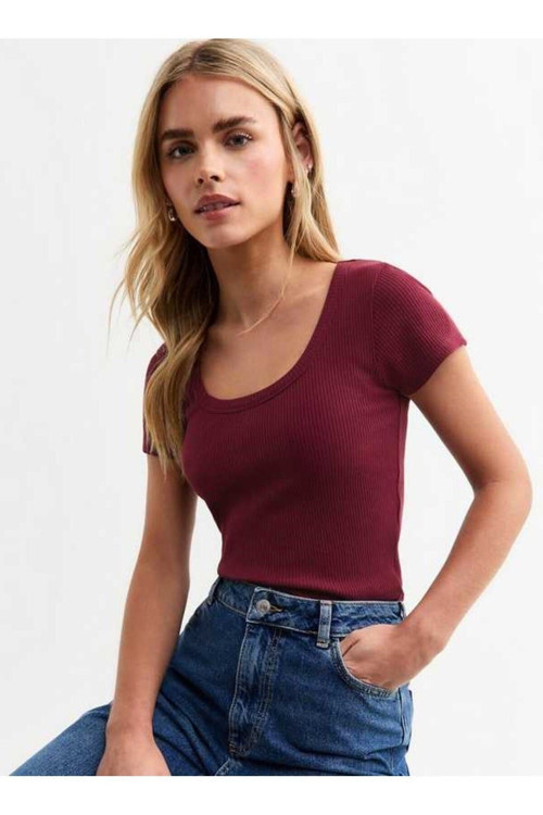 -Kadın Kare Yaka T-shirt & Bluz , Likralı Fitilli Kaşkorse Kumaş