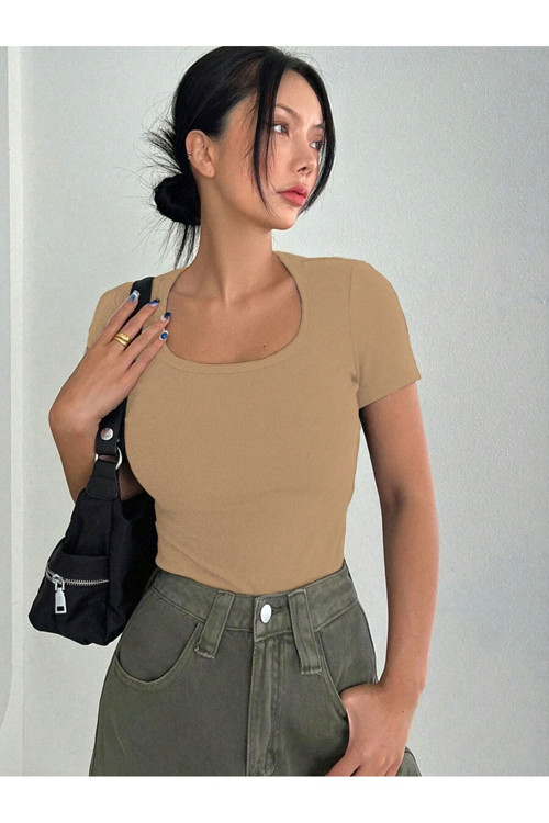 -Kadın Kare Yaka T-shirt & Bluz , Likralı Fitilli Kaşkorse Kumaş