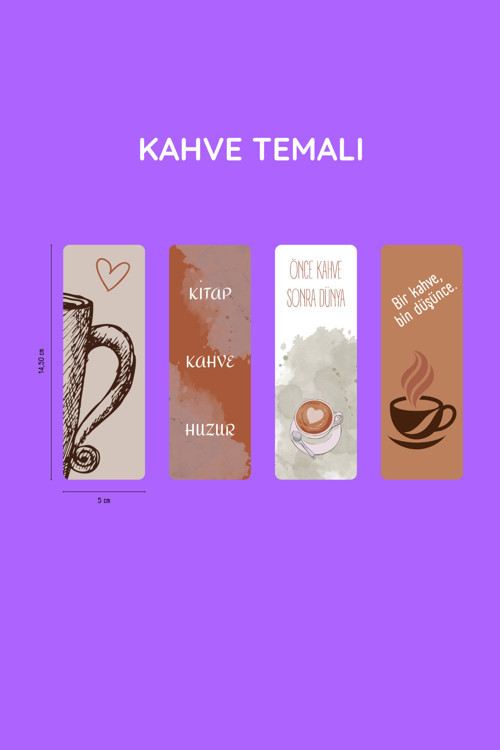 Kitap Ayracı, kahve temalı ayraç seti, 4 adet kitap ayracı seti, 5 cm x 14,50 cm, Oval köşe