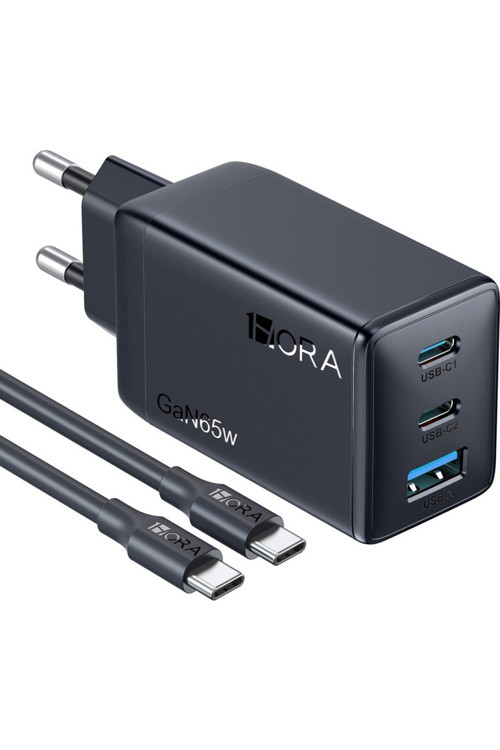 GAR322 PD65W Şarj Cihazı - 2m Type-C To Type-C Data Kablosu - Hızlı Şarj - Siyah