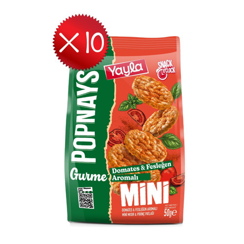Popnays Gurme Domates ve Fesleğen Aromalı Mini Mısır ve Pirinç Patlağı 50 g x10