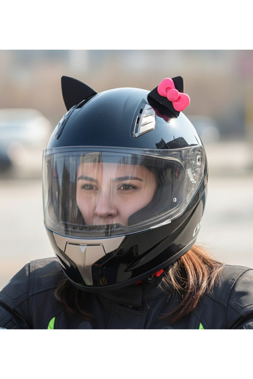 Kask süsü -Motor & Motosiklet Pembe Fiyonklu Siyah Kedi Kulak Kask Dış Aksesuarı
