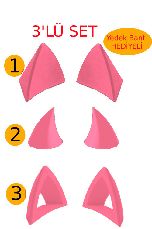 Kask Süsü -3 Lü Set Kedi Kulağı,kask Boynuzu Ve Rüzgar Tutmaz Kedi Kulağı Sağ Sol Takım Pembe