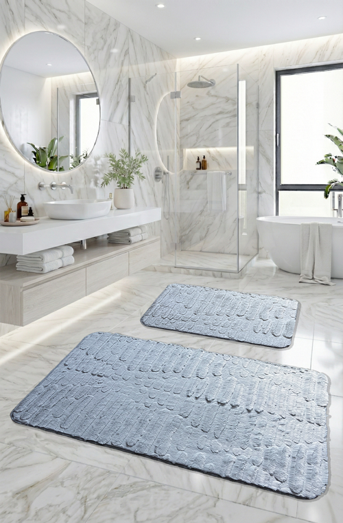 Derince Kaymaz Taban, Yumuşacık, Emici 2'li Premium Taş Desenli Banyo Paspası Seti