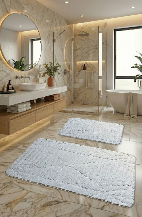 Derince Kaymaz Taban, Yumuşacık, Emici 2'li Premium Taş Desenli Banyo Paspası Seti