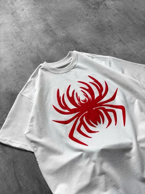 Erkek Örümcek Baskılı Tişört Kısa Kollu Bisiklet Yaka T-Shirt - Beyaz