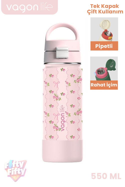 550 ML Desenli Tek Kapak Çift Kullanım Pipetli Rahat İçim Kulplu Paslanmaz Çelik Termos 1109-550ML