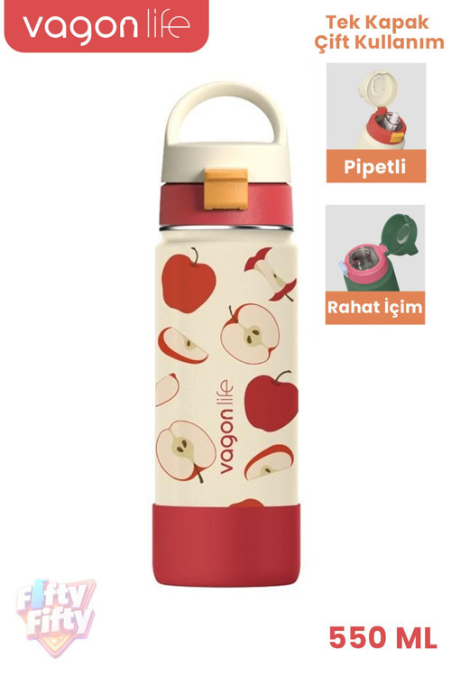 550 ML Desenli Tek Kapak Çift Kullanım Pipetli Rahat İçim Kulplu Paslanmaz Çelik Termos 1109-550ML