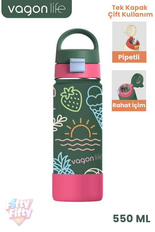550 ML Desenli Tek Kapak Çift Kullanım Pipetli Rahat İçim Kulplu Paslanmaz Çelik Termos 1109-550ML