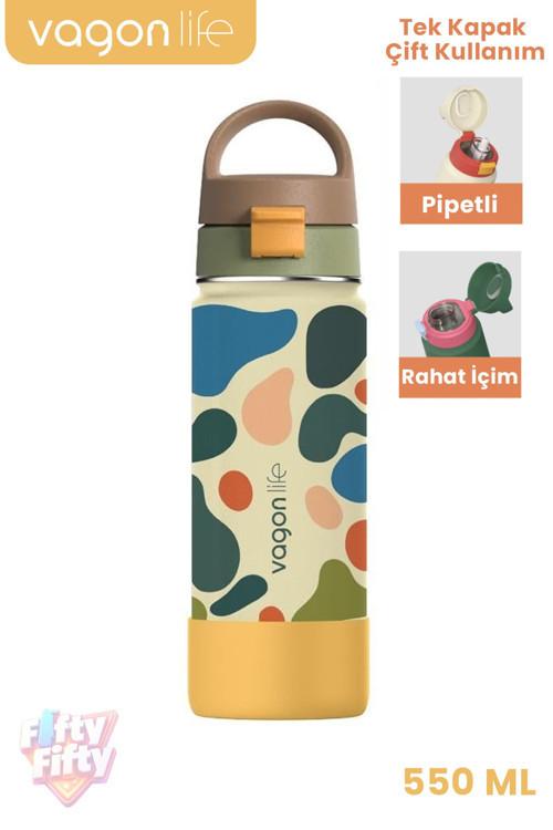 550 ML Desenli Tek Kapak Çift Kullanım Pipetli Rahat İçim Kulplu Paslanmaz Çelik Termos 1109-550ML