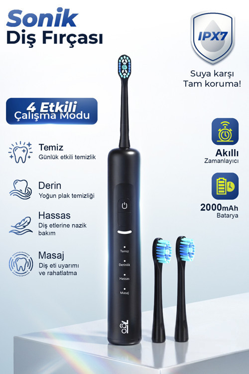 7GMF2 Sonic Elektrikli Diş Fırçası Siyah – 2000mAh, Type-C Şarjlı, IPX7 Su Geçirmez, 3 Modlu Şar