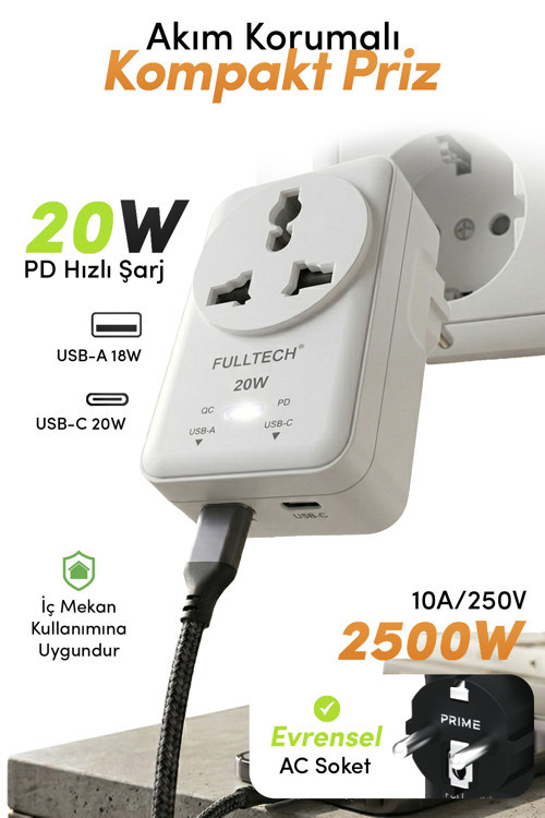 FTR-27 20W PD Hızlı Şarjlı Akım Korumalı Kompakt Priz Beyaz | USB-C & USB-A Çıkışlı 2500W G