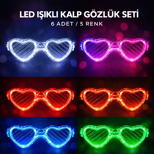 Led Işıklı Glow Pilli Parti Gözlüğü – 6 Adet / 5 Renk Set