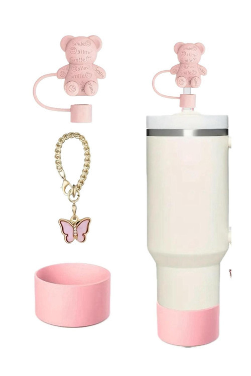 3 Parça Ayıcık Pipet Kapağı Kelebek Charm Altlık Koruyucu Silikon Termos Uyumlu