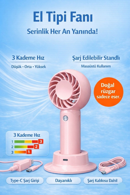 Sr-0034 Pembe Taşınabilir Standlı Serinletici Fan 3 Hız Ayarlı , Typ-c Şarjlı Fan Masaüstü Fa