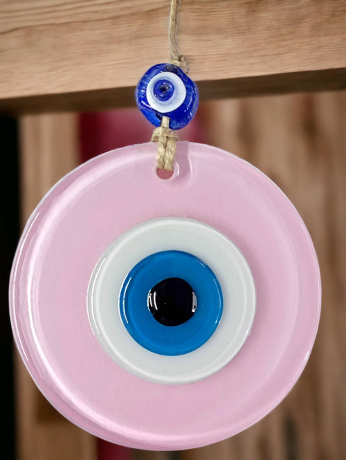 Pudra Pembe Nazar Boncuklu Duvar Süsü 10 Cm Cam Duvar Dekoru