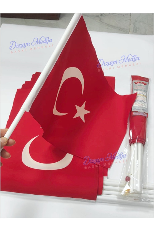 10 Adet 20x30 Cm - Bez Kumaş Sopalı Türk Bayrağı