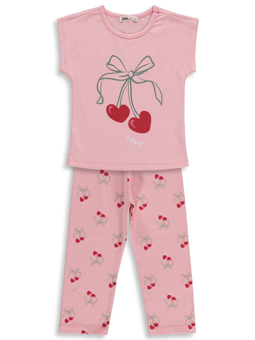 Kiraz Desenli 2-5 Yaş Pijama Takımı - Pudra