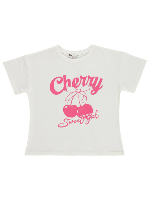 Cheryy Baskılı 6-9 Yaş Tişört - Ekru