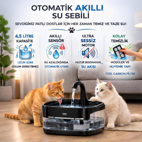 Ultra Sessiz Karbon Filtreli BPA Free 4.5 Litre Kedi Köpek Için Su Pınarı Su Çeşmesi Su Sebili